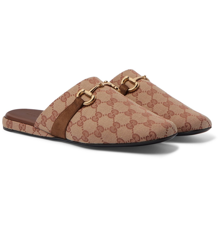 Photo: Gucci - Pericle Horsebit Suede-Trimmed Monogrammed Canvas Slippers - Brown
