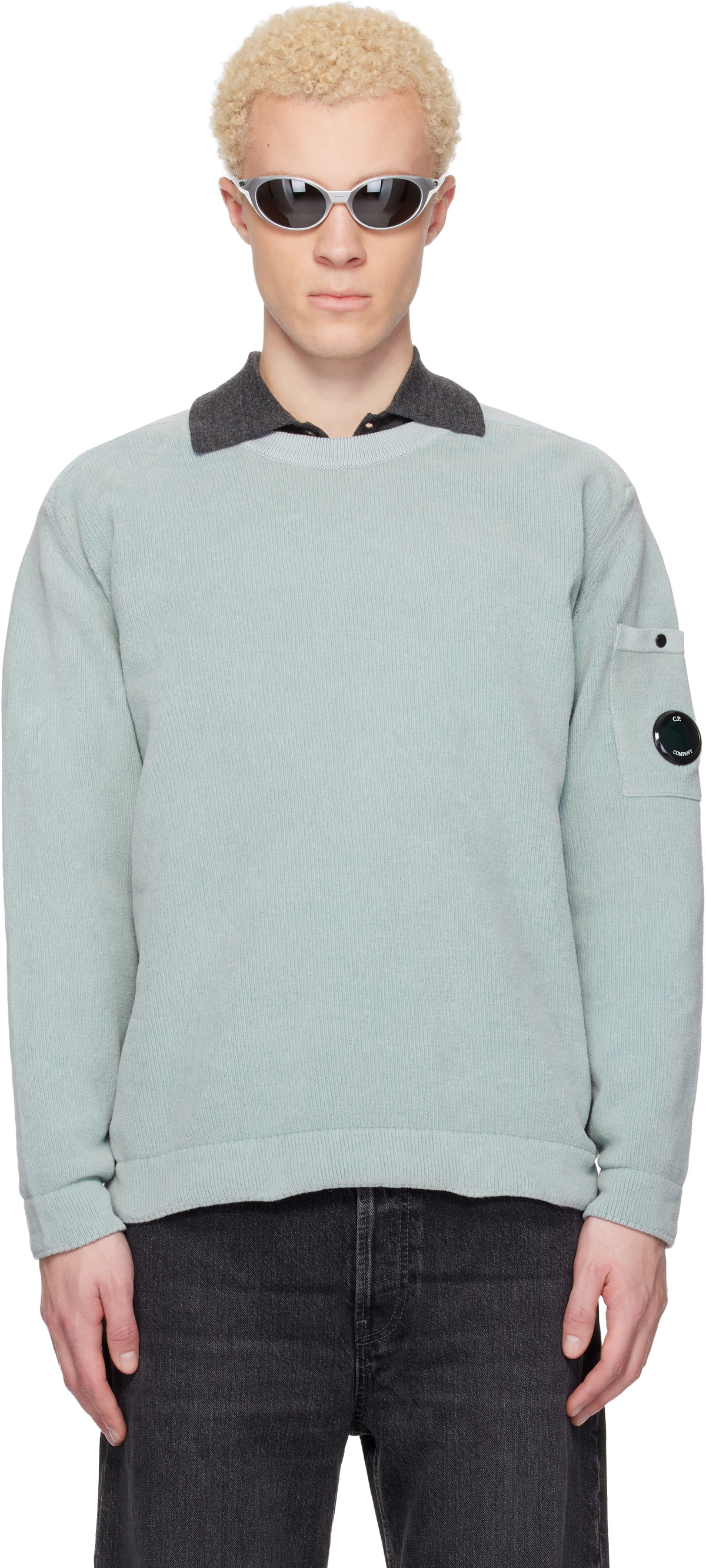 C.P. Company Blue Cotton Chenille Crewneck Lens Sweater