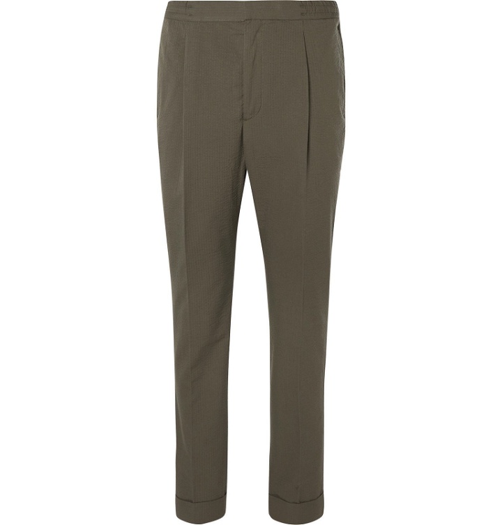 Photo: Officine Generale - Drew Tapered Pleated Cotton-Seersucker Suit Trousers - Green