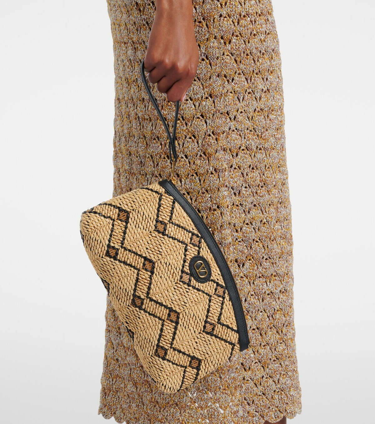 Valentino Garavani VLogo Small leather-trimmed raffia pouch