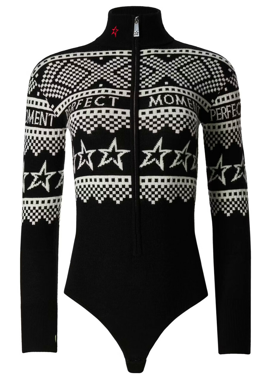 Perfect Moment Intarsia-knit Merino Wool Bodysuit Black And White