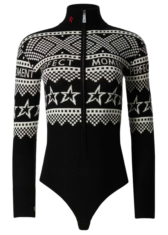 Photo: Perfect Moment Intarsia-knit Merino Wool Bodysuit Black And White