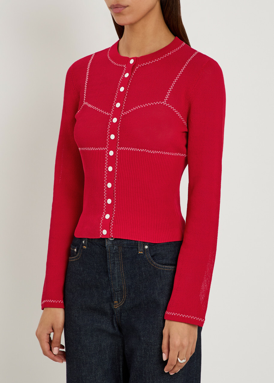 Tory Burch Embroidered Fine-knit Cardigan Red And White