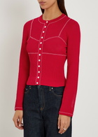 Tory Burch Embroidered Fine-knit Cardigan Red And White