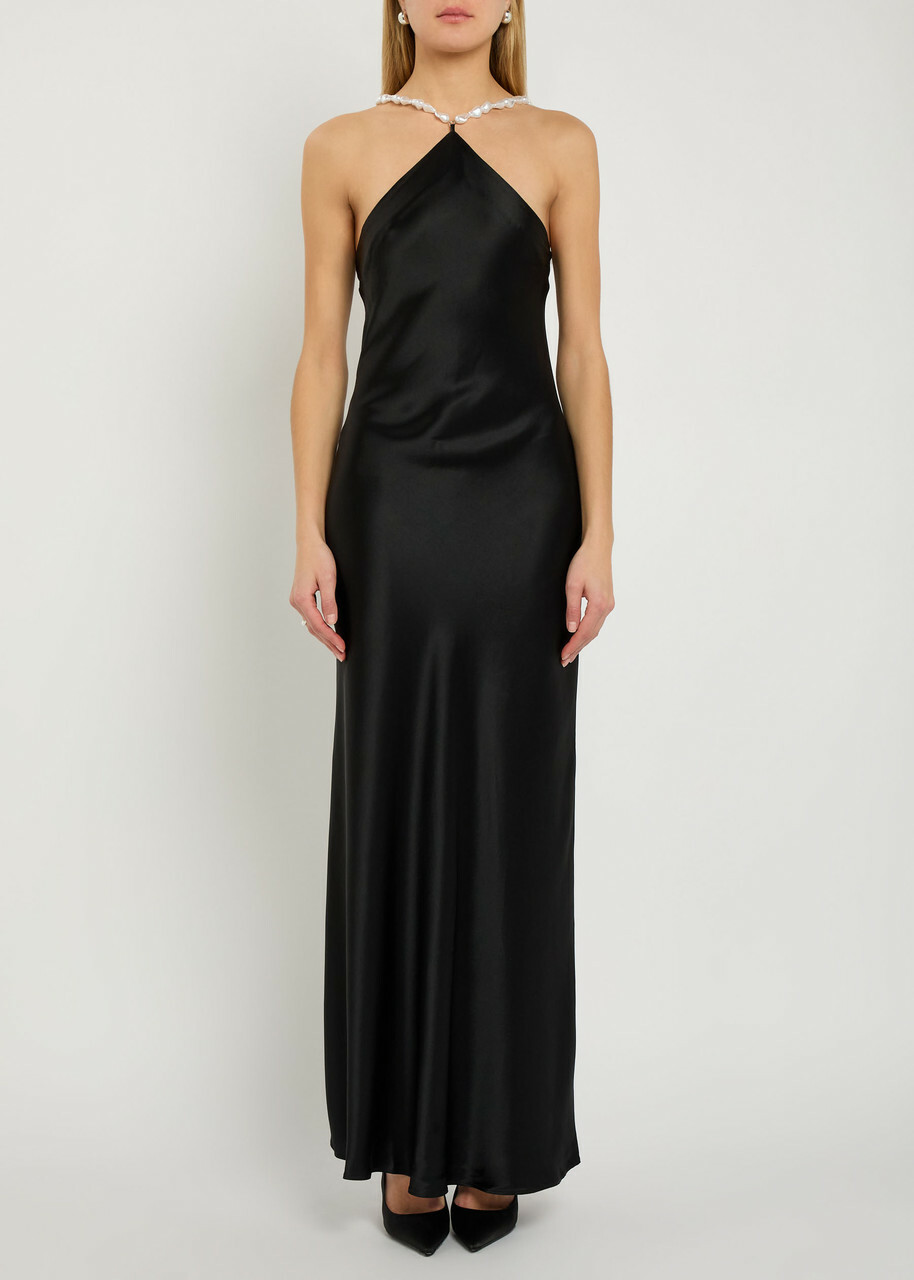 Staud Cadence Faux Pearl-embellished Satin Maxi Dress Black