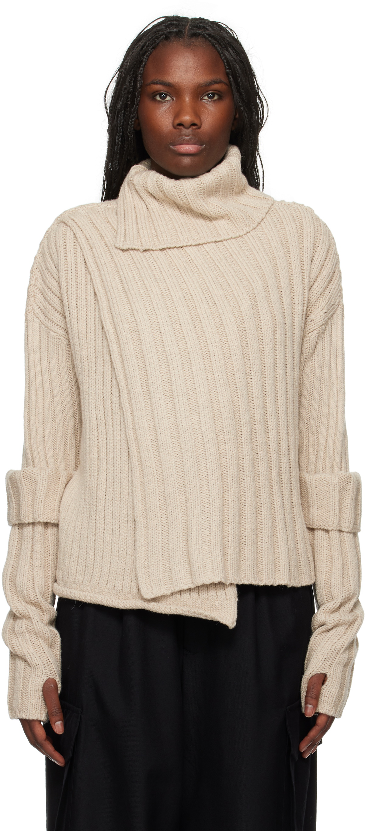 Y's Beige Rib Finger Hole Turtleneck