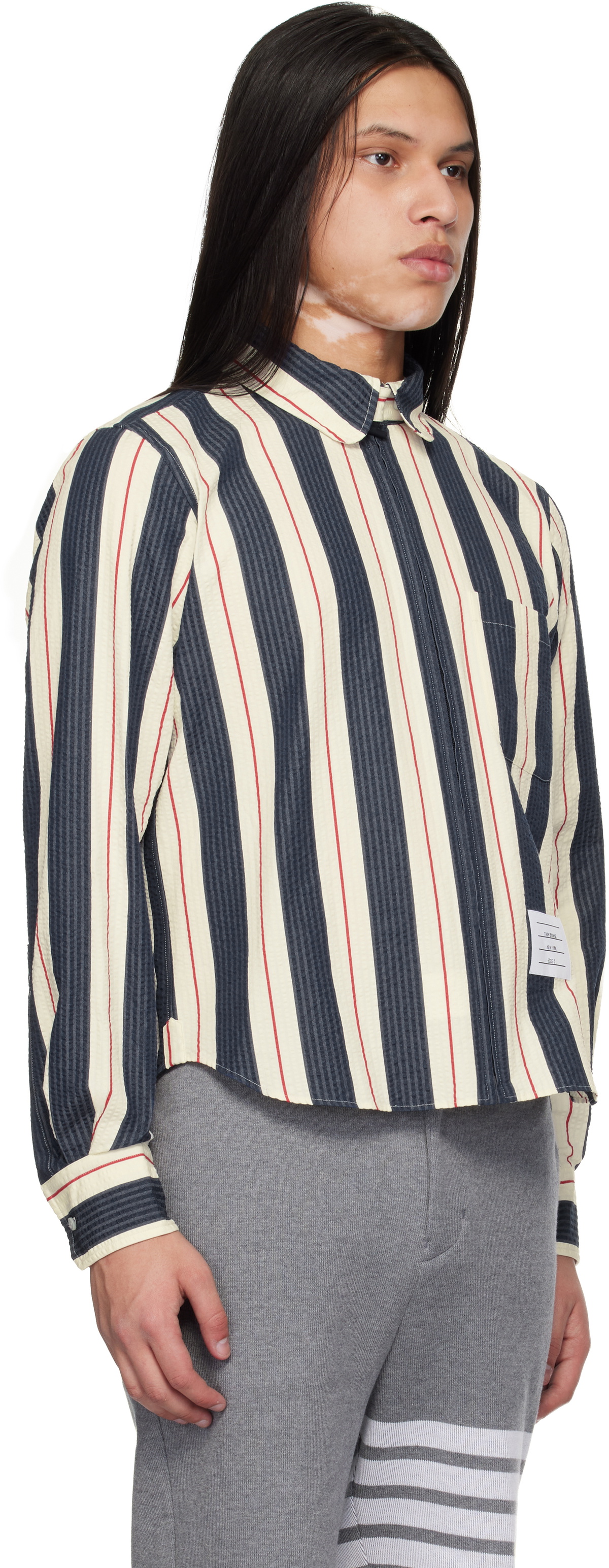 Thom Browne Navy & White Stripe Seersucker Zip Shirt