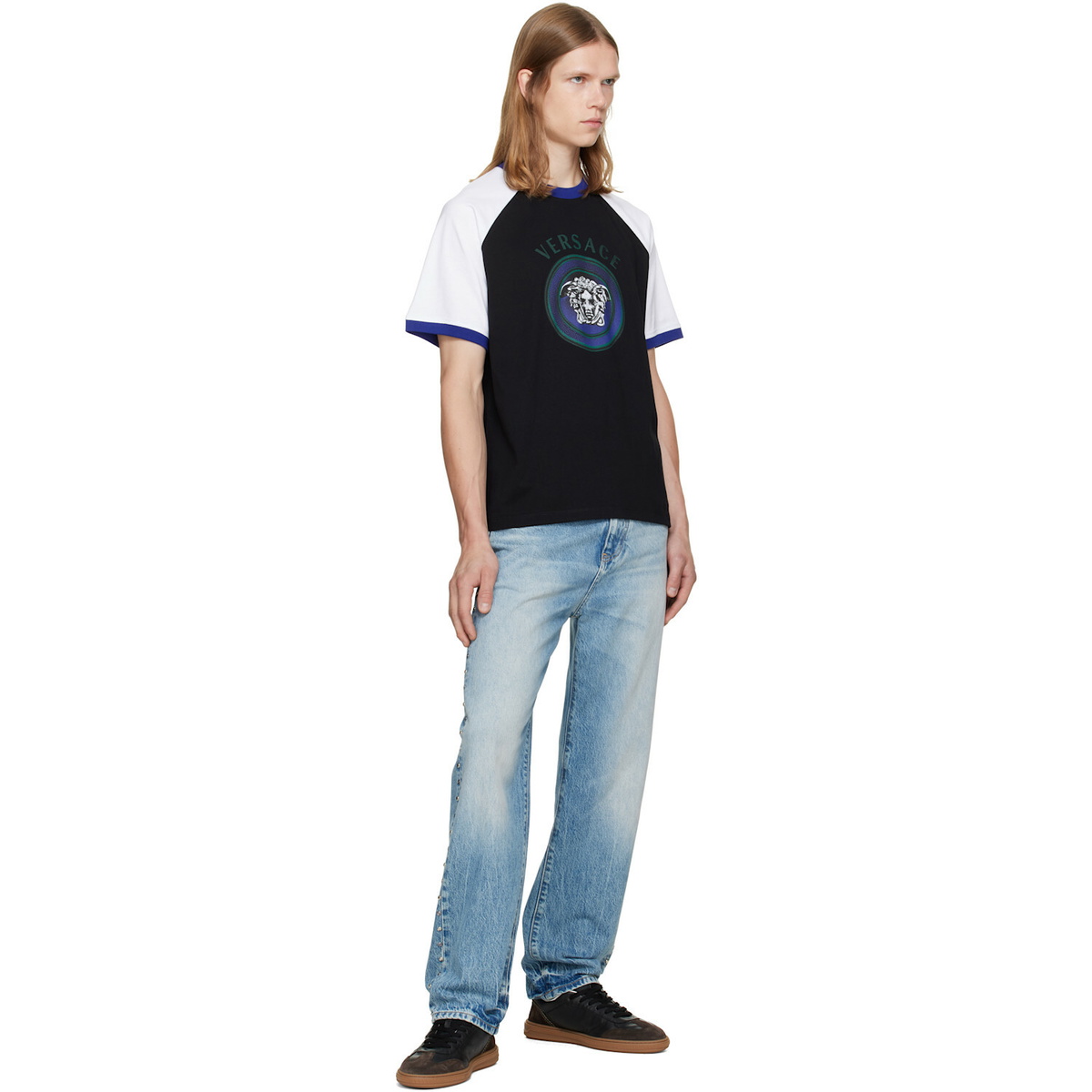 Versace Black & White Printed Cotton Jersey Regular T-shirt