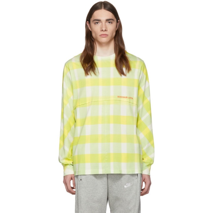 Photo: Eckhaus Latta Yellow Grid Lapped Long Sleeve T-Shirt