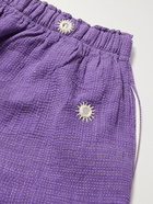 Karu Research - Wide-Leg Upcycled Embroidered Cotton Drawstring Shorts - Purple