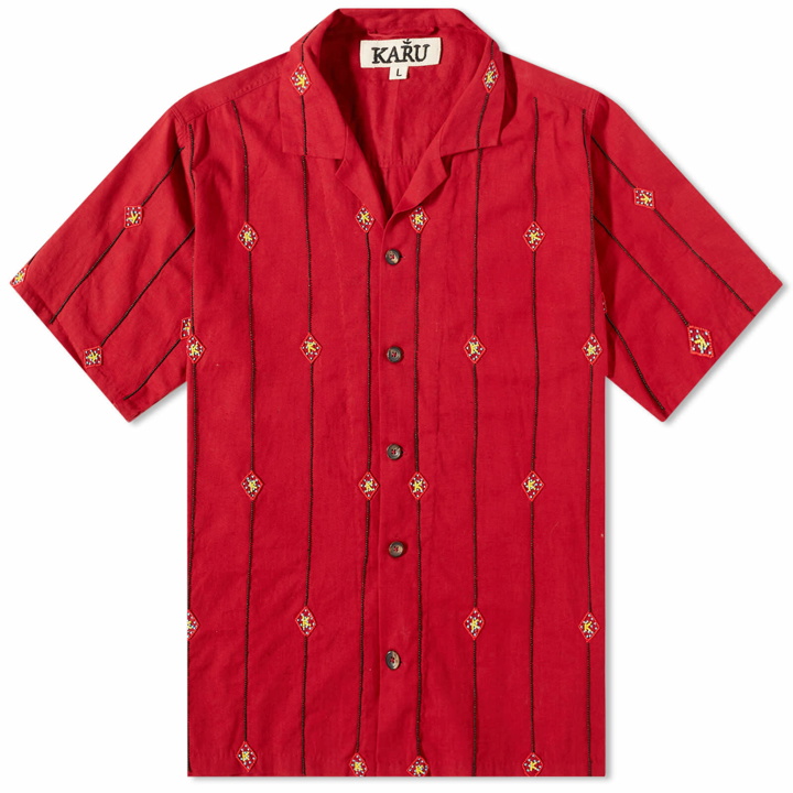 Photo: Karu Research Men's Hand Embroidered Vacation Shirt in Maroon/Black/Red