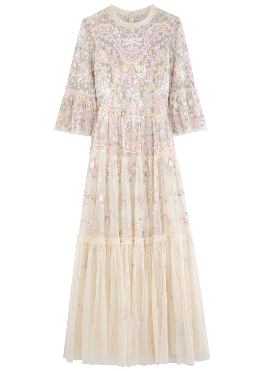 Needle & Thread Dragonfly Garden Embroidered Tulle Gown Cream