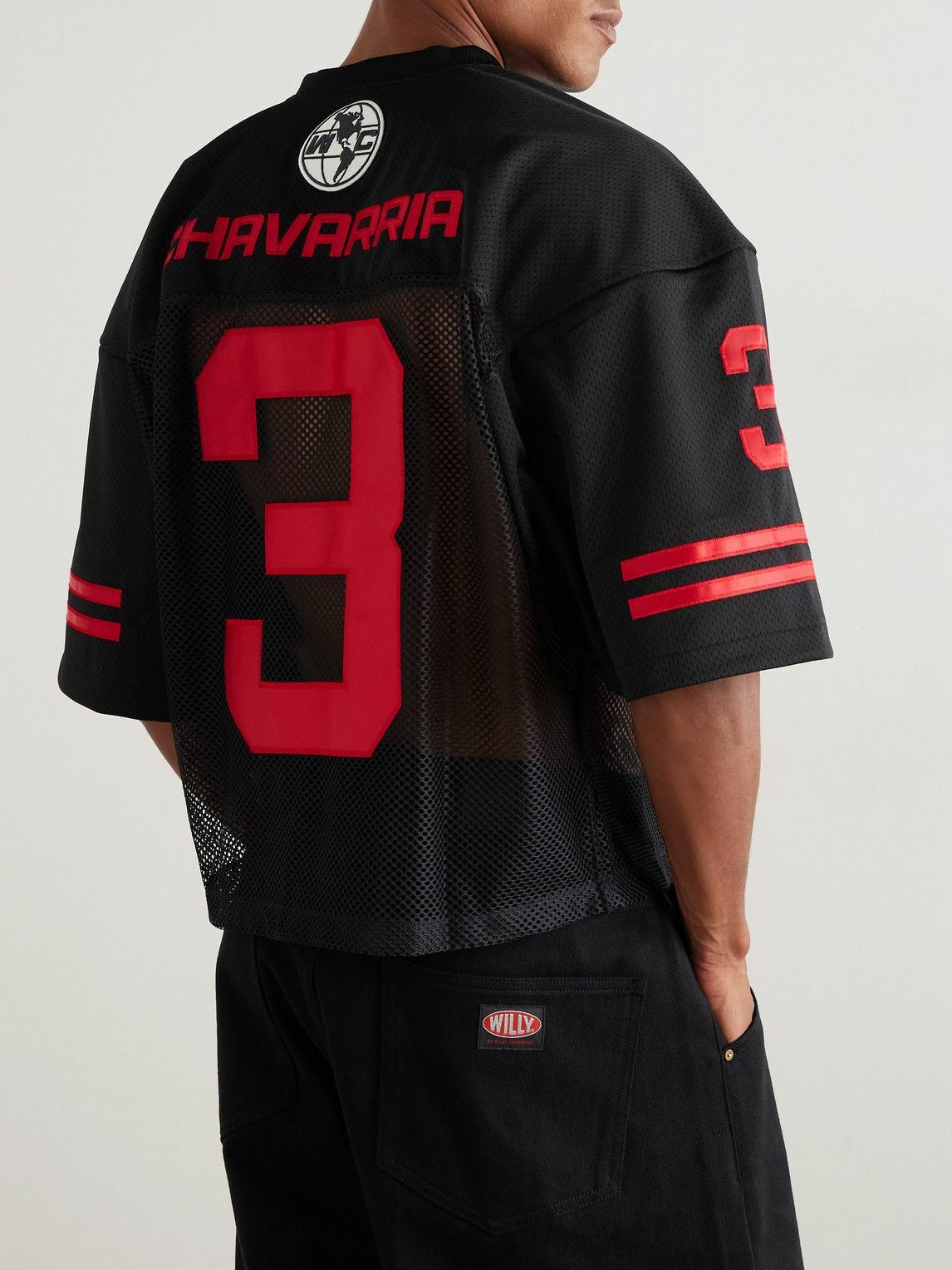 トップス WILLY CHAVARRIA Mesh Zip Shirt Willy Chavarria - Willy Football Appliquéd Mesh T-Shirt - Black
