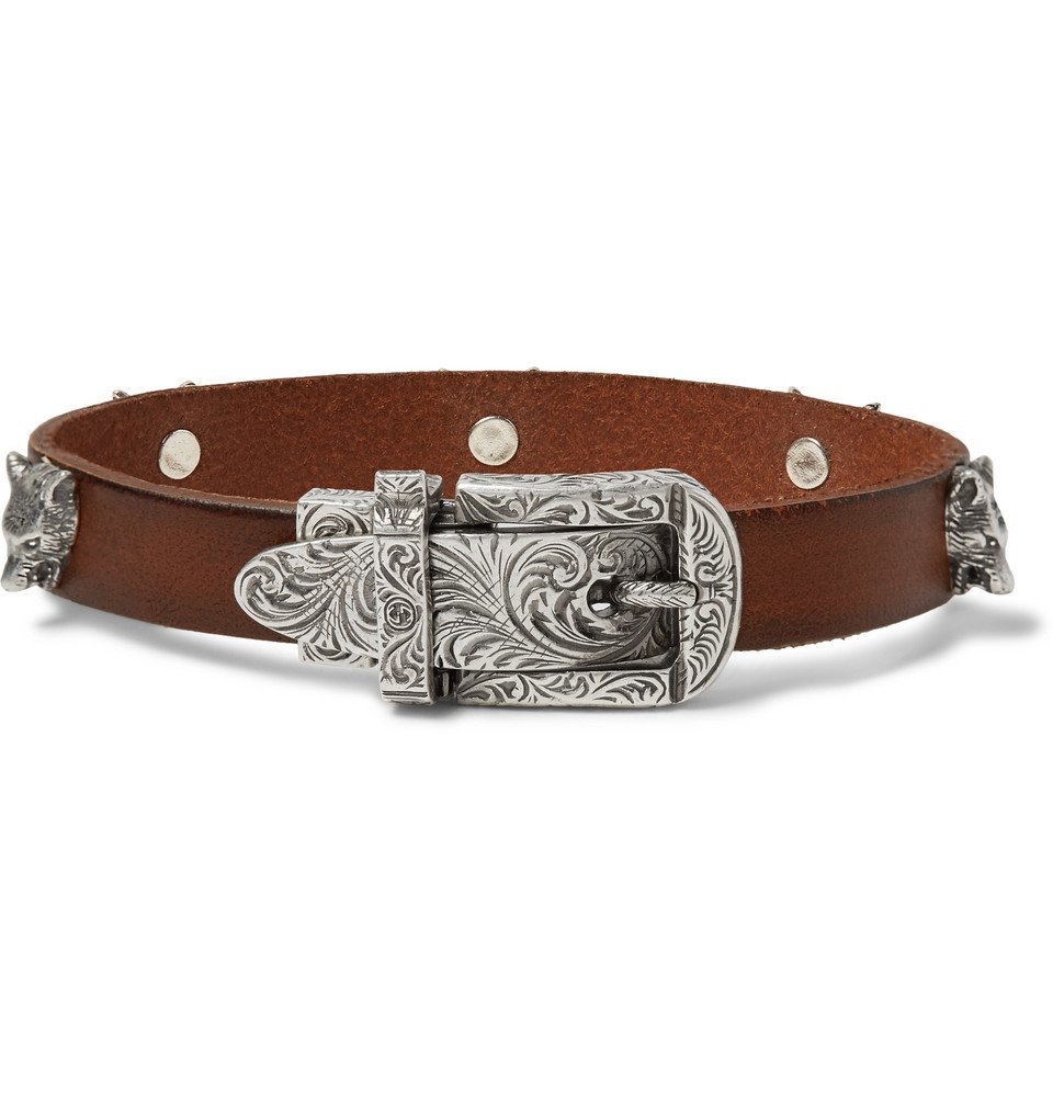 GUCCI Silver-Tone and Leather Bracelet for Men