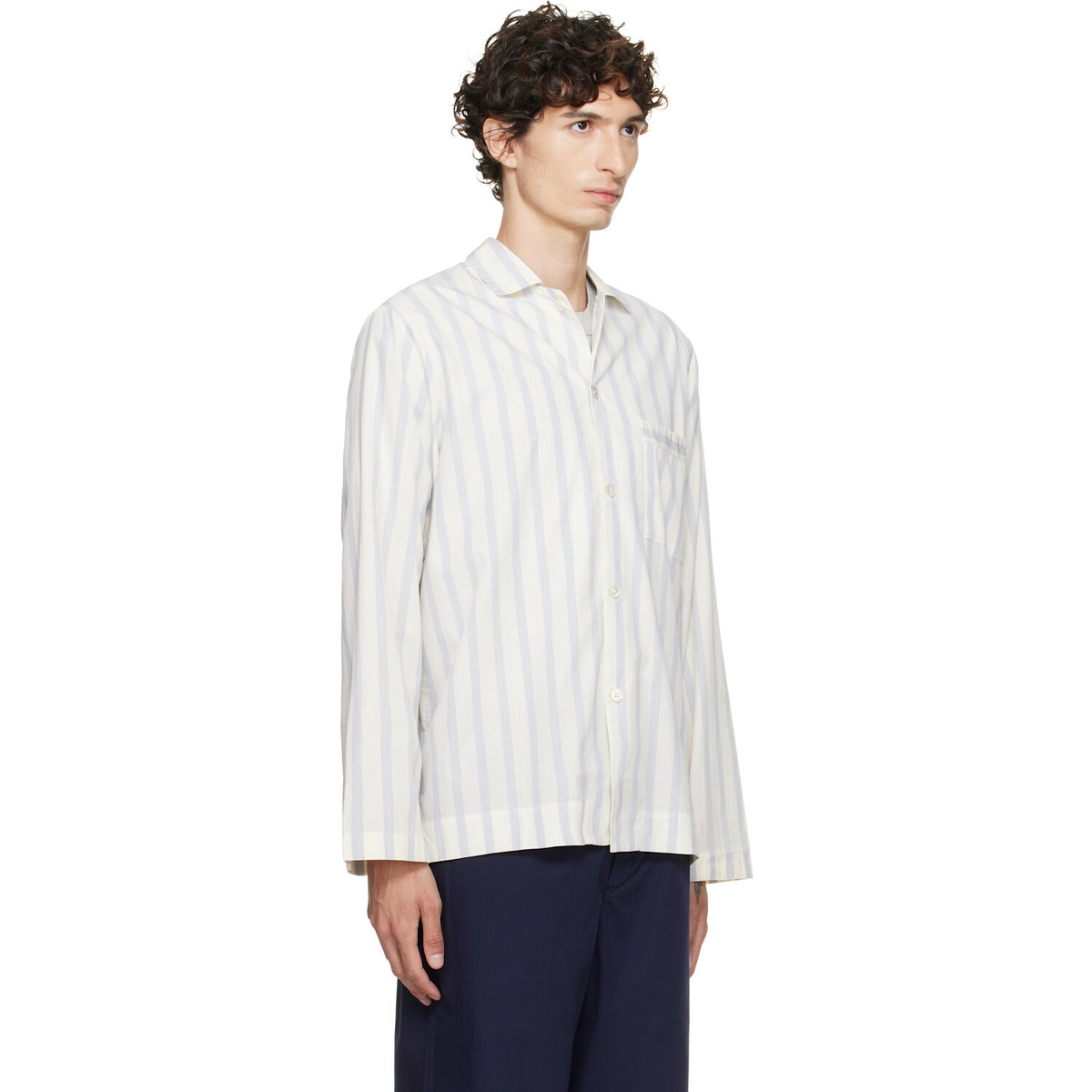 Tekla Off-White & Blue Poplin Long-Sleeved Pyjama Shirt
