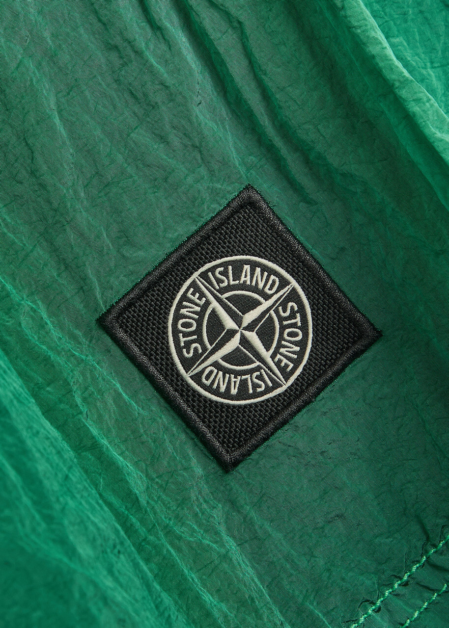 Stone Island Logo Crinkled Nylon Swim Shorts Dark Green