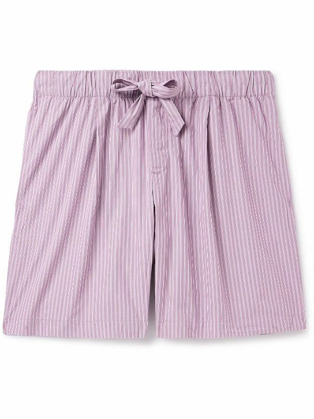 Photo: TEKLA - Birkenstock Straight-Leg Pleated Striped Organic Cotton-Poplin Pyjama Shorts - Purple