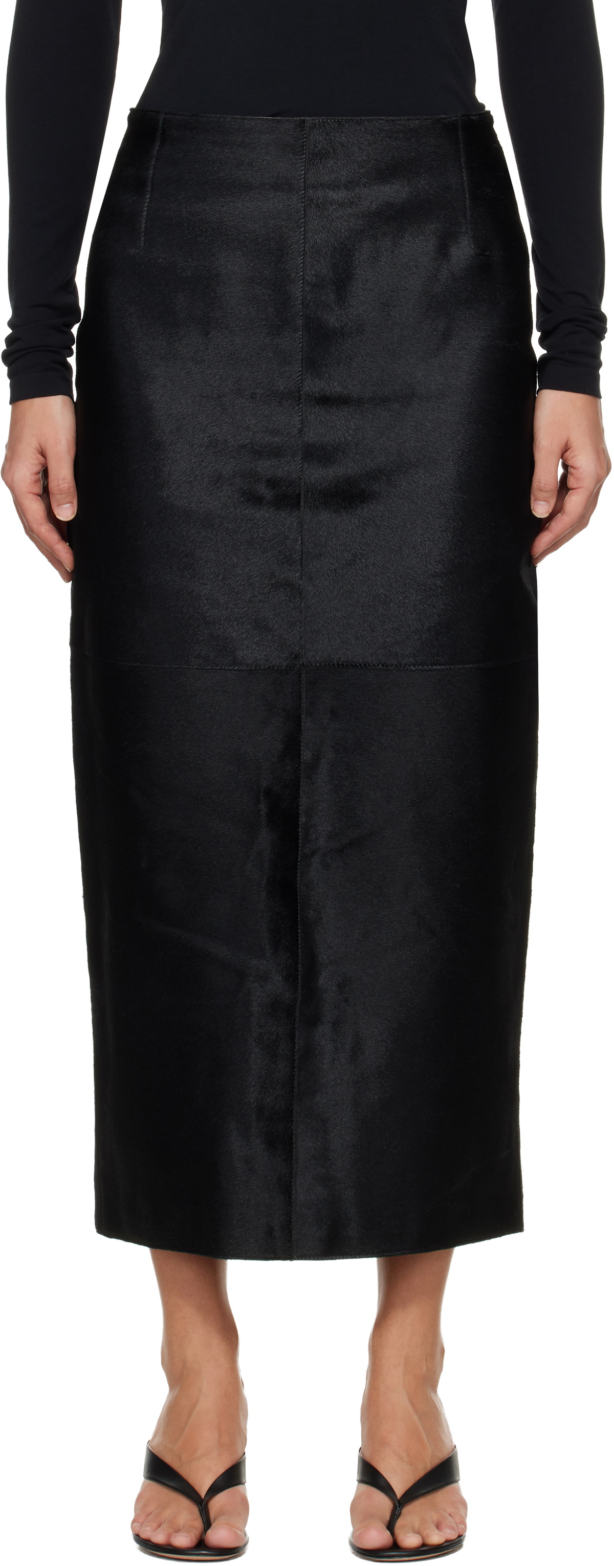 Nour Hammour Black Elisse Long Pencil Ponyhair Skirt