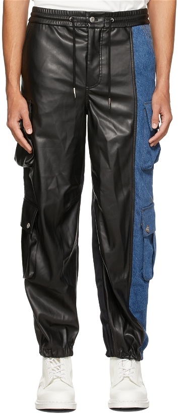 Photo: Feng Chen Wang Black & Blue Faux-Leather Denim Cargo Pants