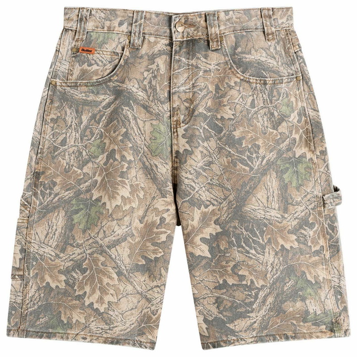 Photo: Butter Goods Men's Carpenter Denim Shorts in Forest Camo