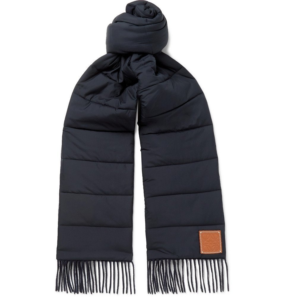 Photo: Loewe - Fringed Logo-Appliquéd Quilted Cashmere and Shell Scarf - Navy