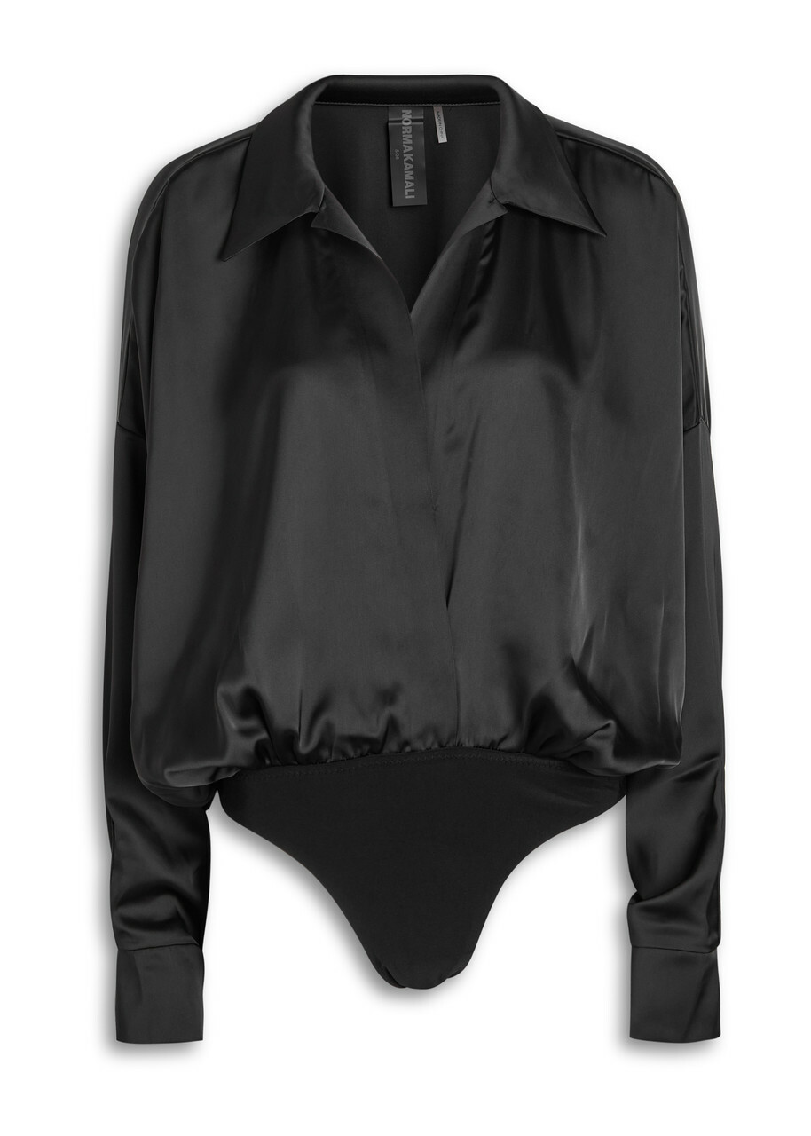 Norma Kamali Draped Satin Shirt Bodysuit Black