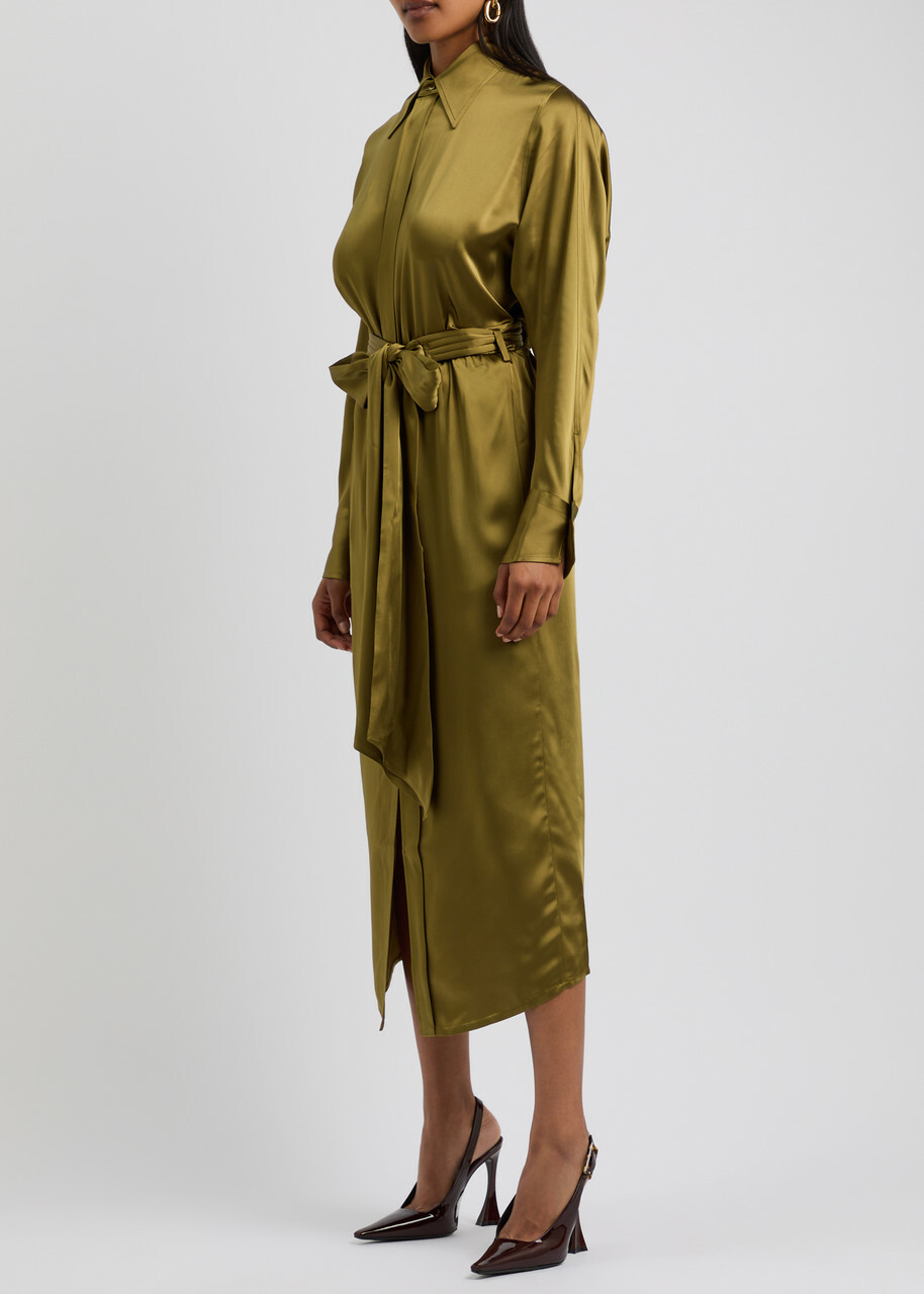 Petar Petrov The Slippery Belted Satin Midi Shirt Dress Green Olive