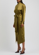 Petar Petrov The Slippery Belted Satin Midi Shirt Dress Green Olive