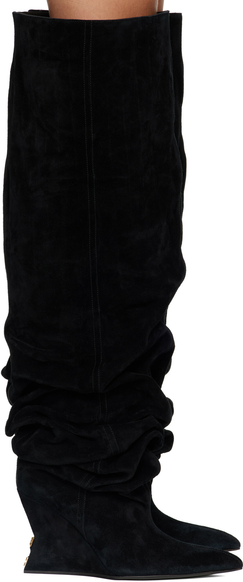 BALMAIN Black Suede Leather Wedge Thigh-High Boots
