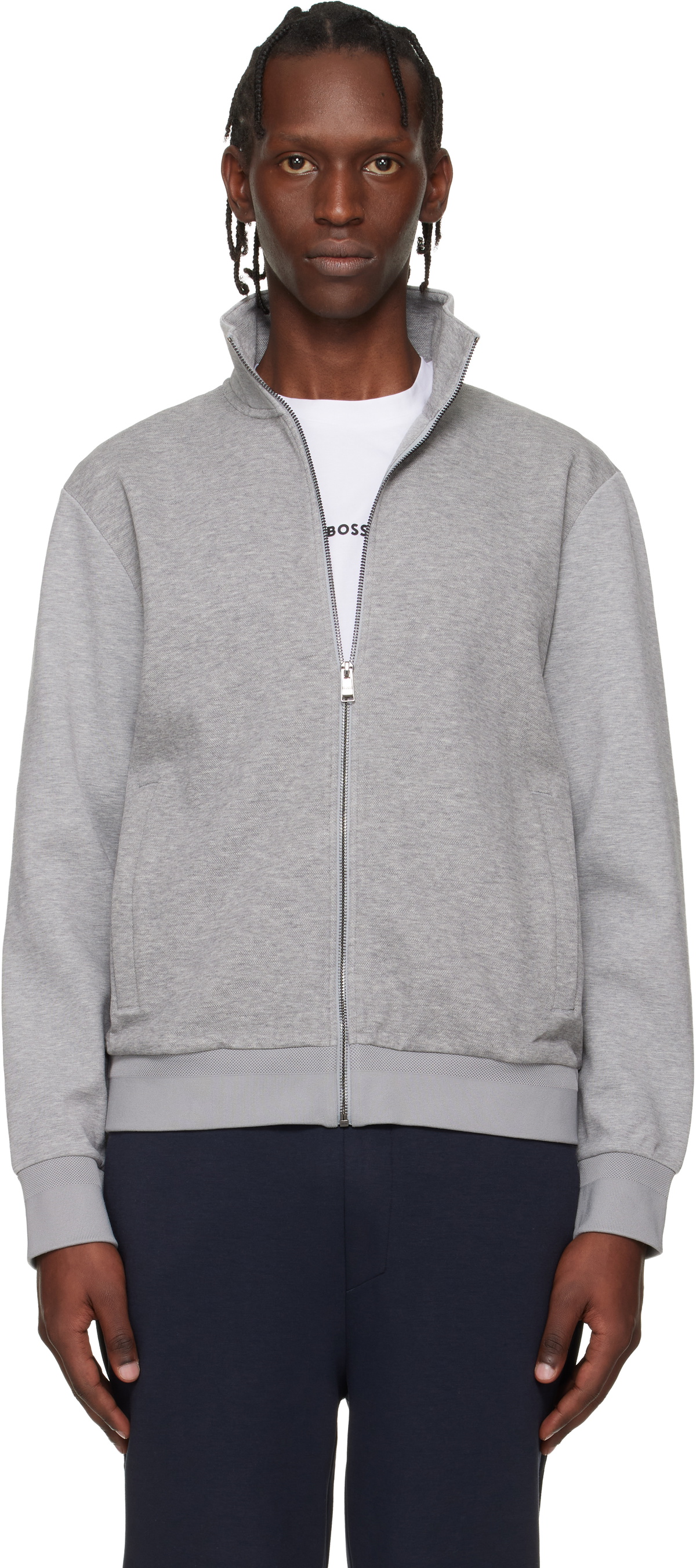 BOSS Gray Zip-Up Mercerized Stretch-Cotton Piqué Sweatshirt