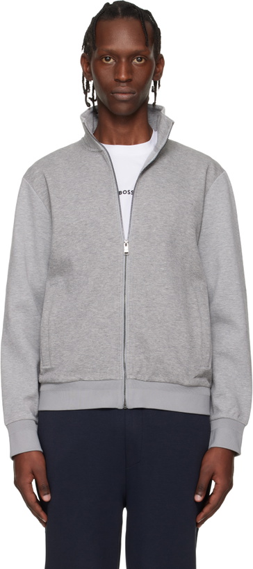 Photo: BOSS Gray Zip-Up Mercerized Stretch-Cotton Piqué Sweatshirt