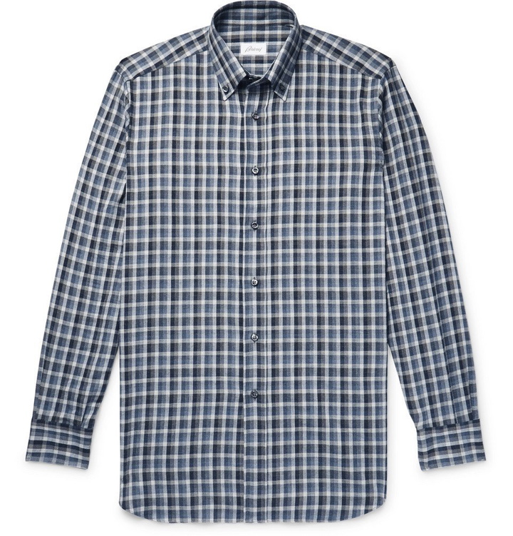 Photo: Brioni - Button-Down Collar Checked Cotton-Twill Shirt - Men - Navy