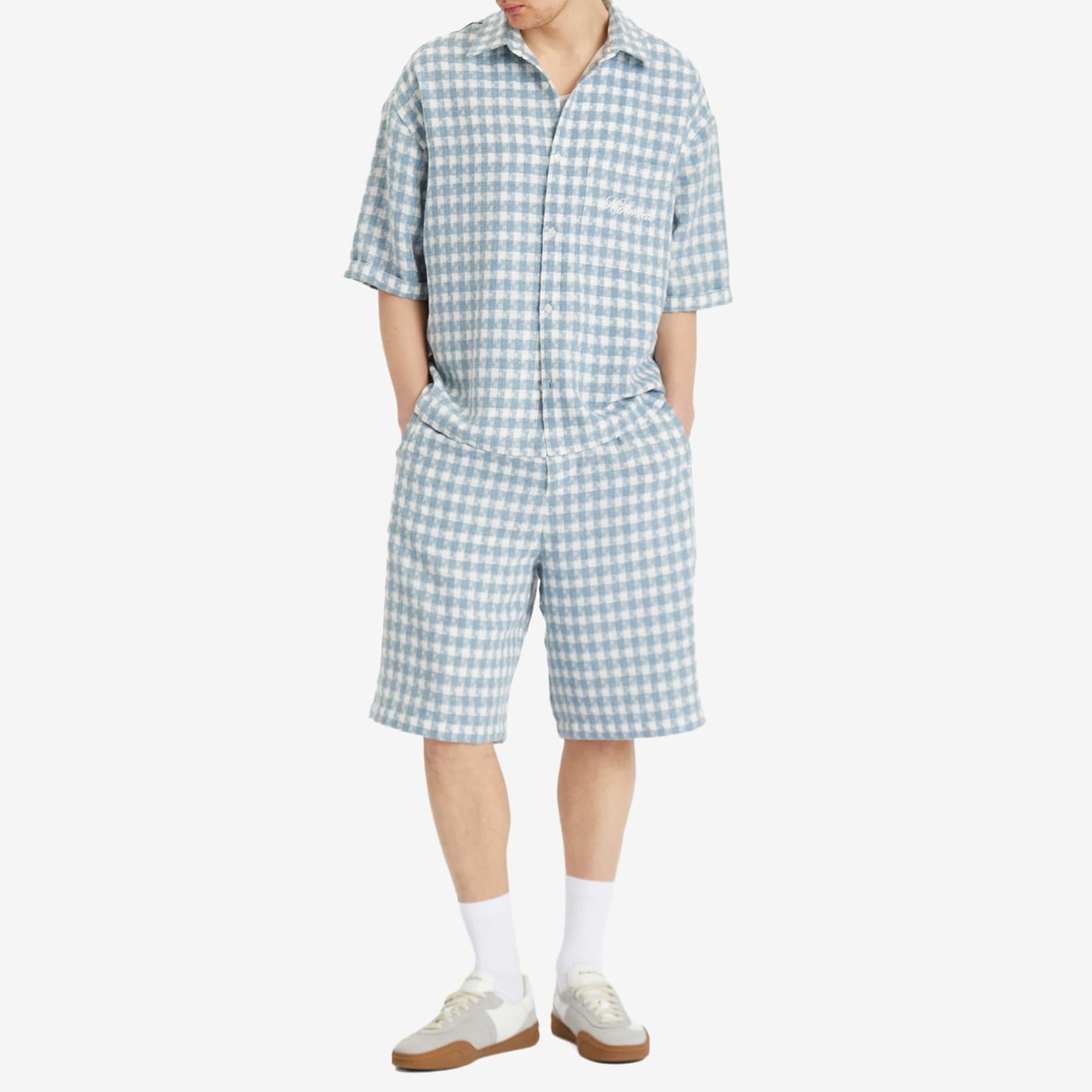 Nahmias Men's Plaid Cropped Short Sleeve Shirt in Steel Blue Plaid