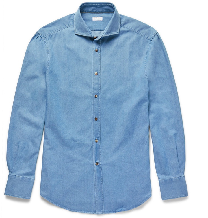 Photo: Brunello Cucinelli - Slim-Fit Cutaway-Collar Washed-Denim Shirt - Blue