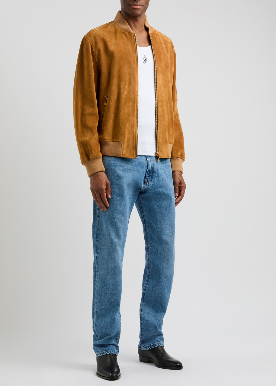 Versace Logo-debossed Suede Bomber Jacket Tan