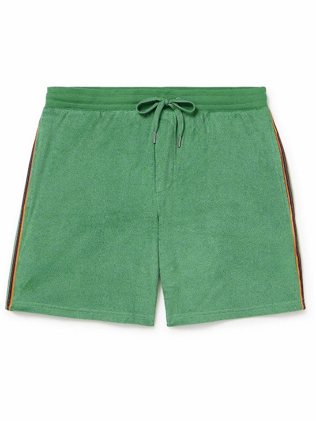 Photo: Paul Smith - Straight-Leg Webbing-Trimmed Cotton-Blend Terry Drawstring Shorts - Green