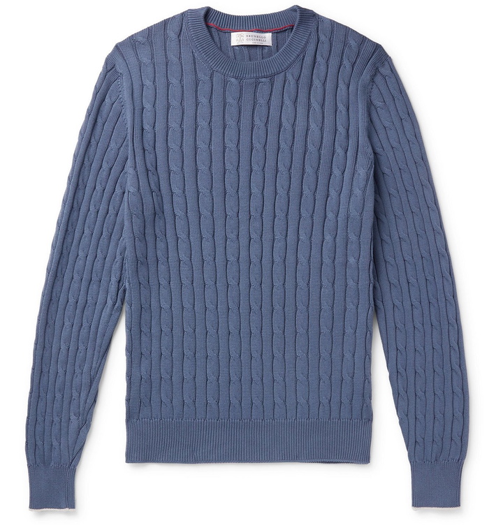 Photo: Brunello Cucinelli - Slim-Fit Cable-Knit Cotton Sweater - Blue