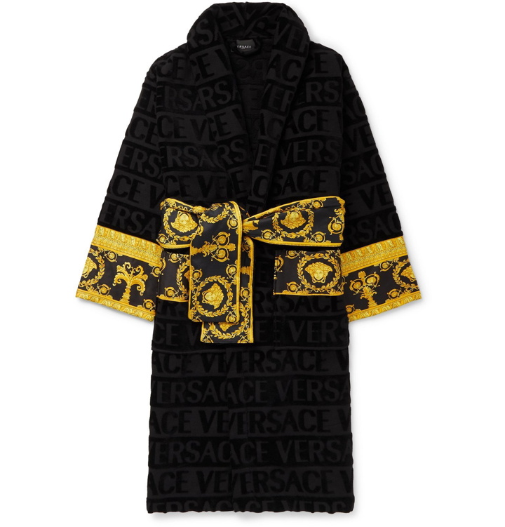 Photo: Versace - Printed Satin-Trimmed Logo-Jacquard Cotton-Terry Robe - Black