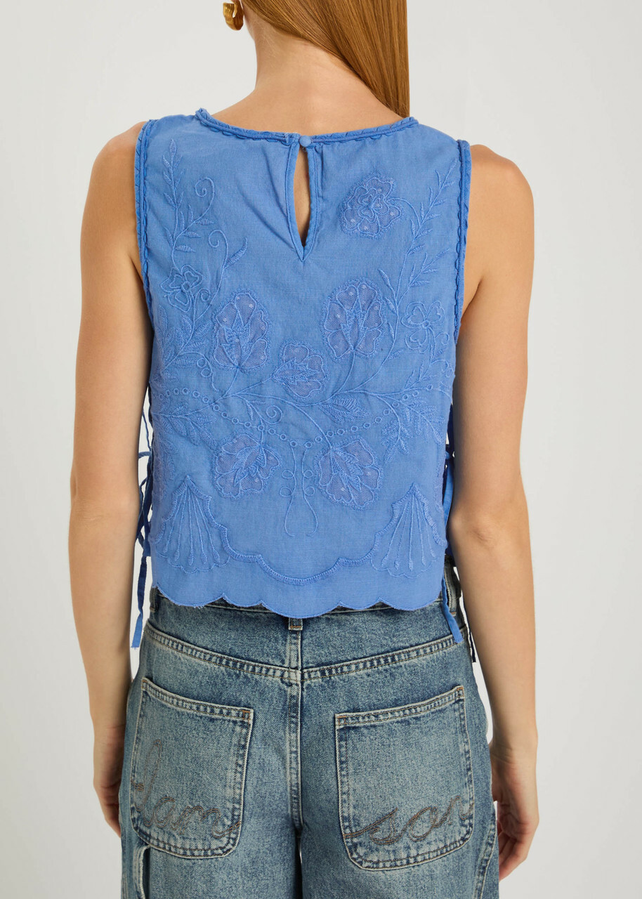 Free People Faded Gardens Floral-embroidered Cotton Tank Blue