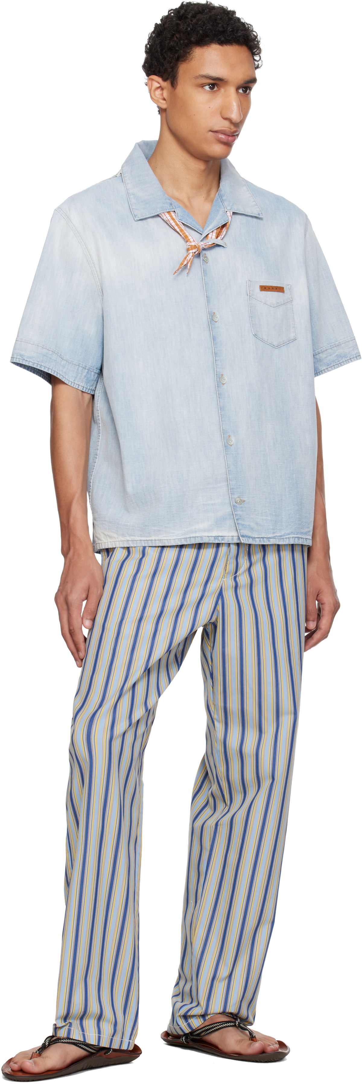 Marni Blue & Yellow Striped Poplin Trompe L'Oeil Effect Trousers