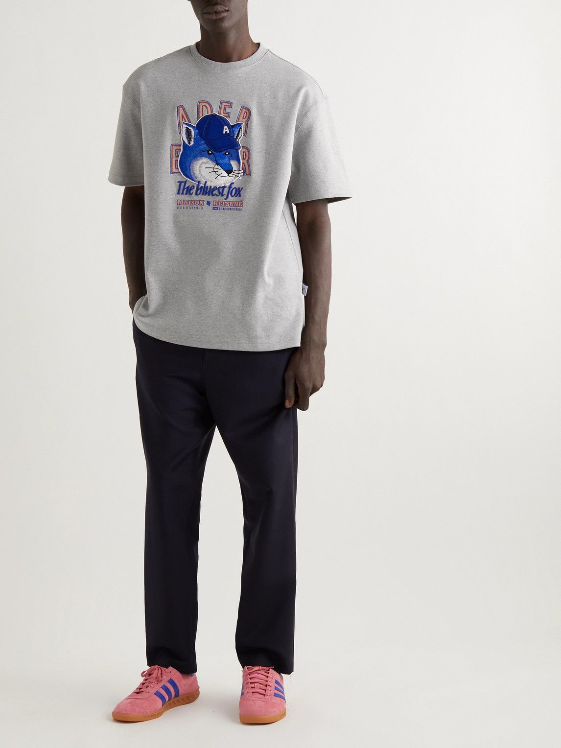Maison Kitsuné - Ader Error The Bluest Fox Logo-Embroidered Cotton-Jersey  T-Shirt - Gray