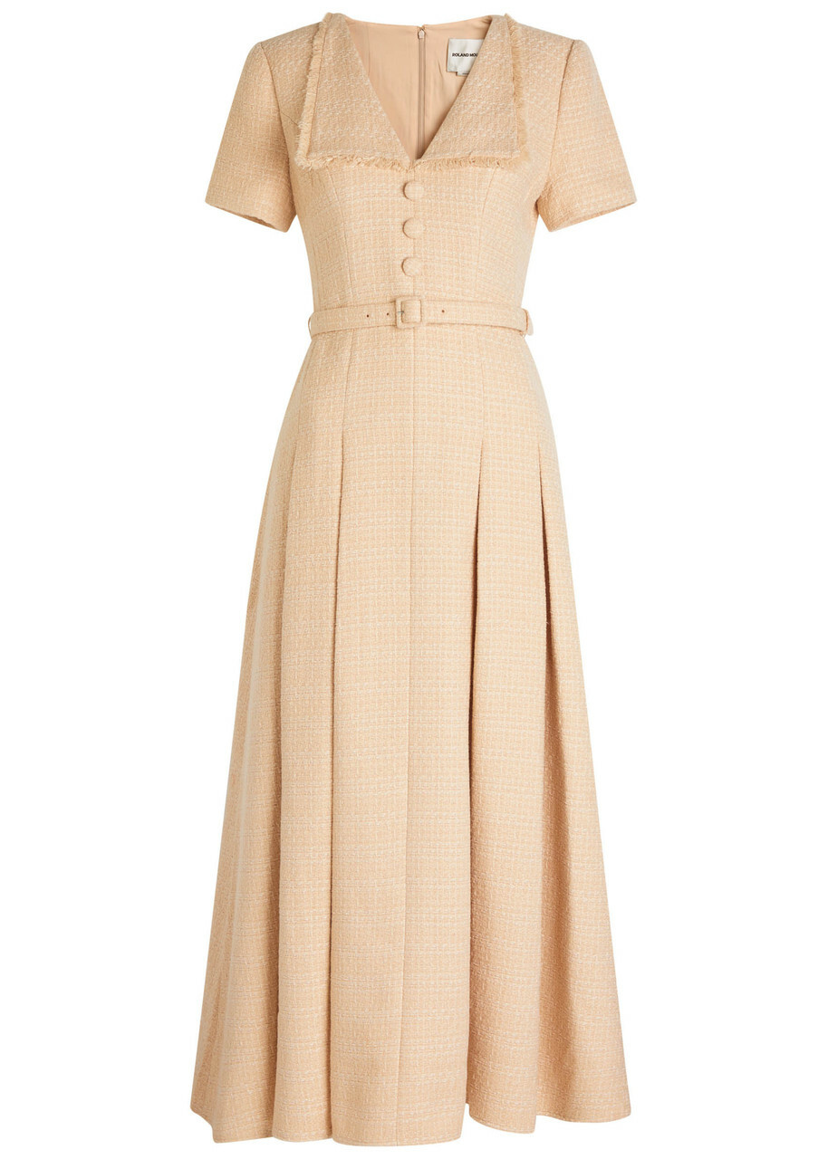Roland Mouret Belted Bouclé Maxi Dress Cream