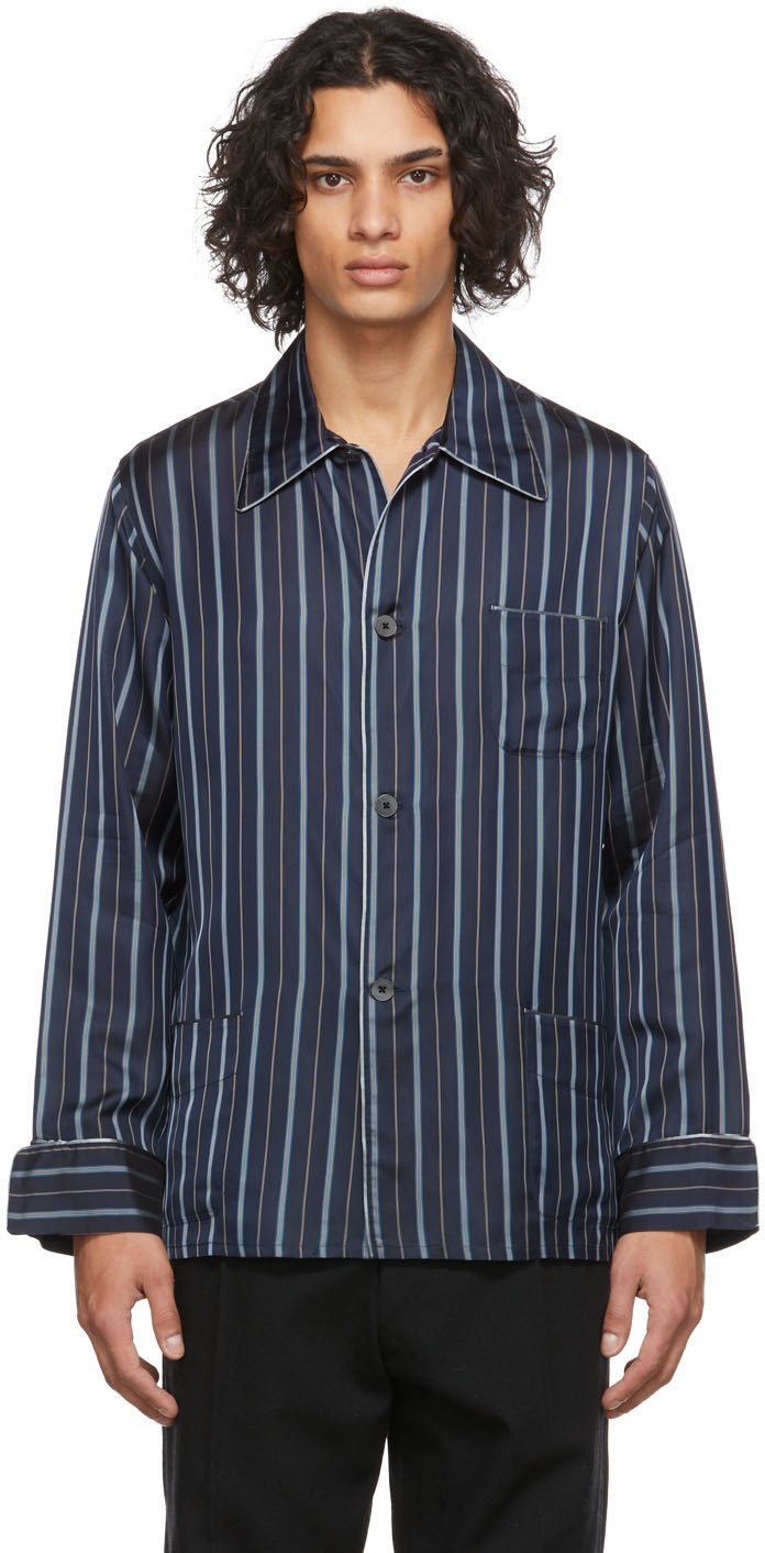 Maison Margiela Navy Pinstripe Cupro Shirt Maison Margiela
