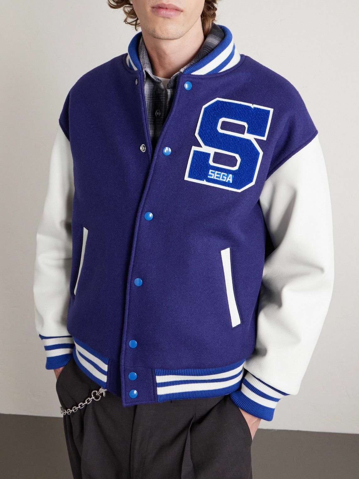 SAINT MXXXXXX - SEGA Wool-Blend and Leather Varsity Jacket - Blue