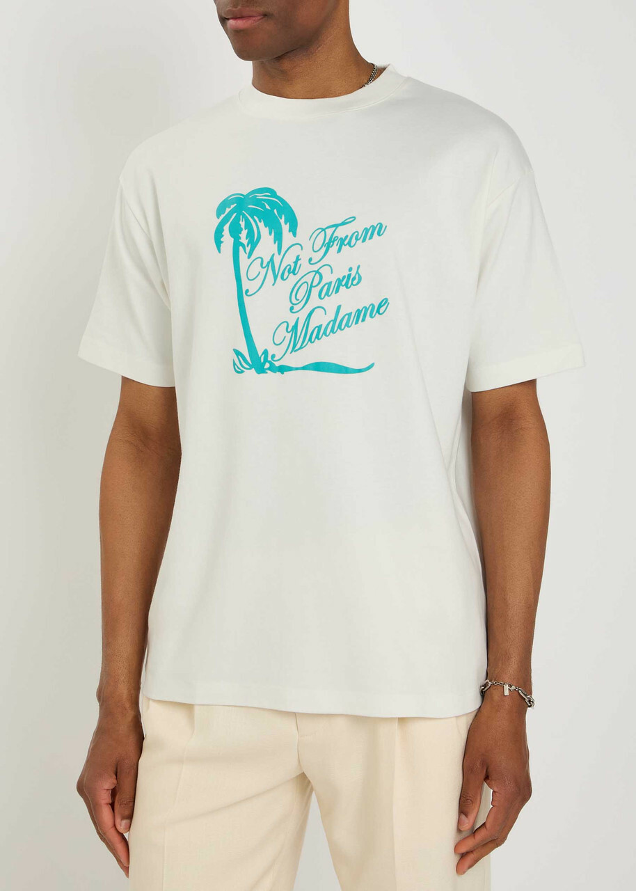 DRÔLE DE Monsieur Slogan Palmiers Printed Cotton T-shirt Off White