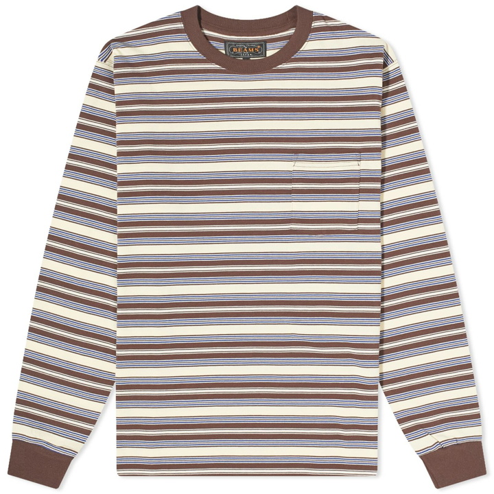 Photo: Beams Plus Men's Long Sleeve Multi Stripe Pocket T-Shirt in Brown