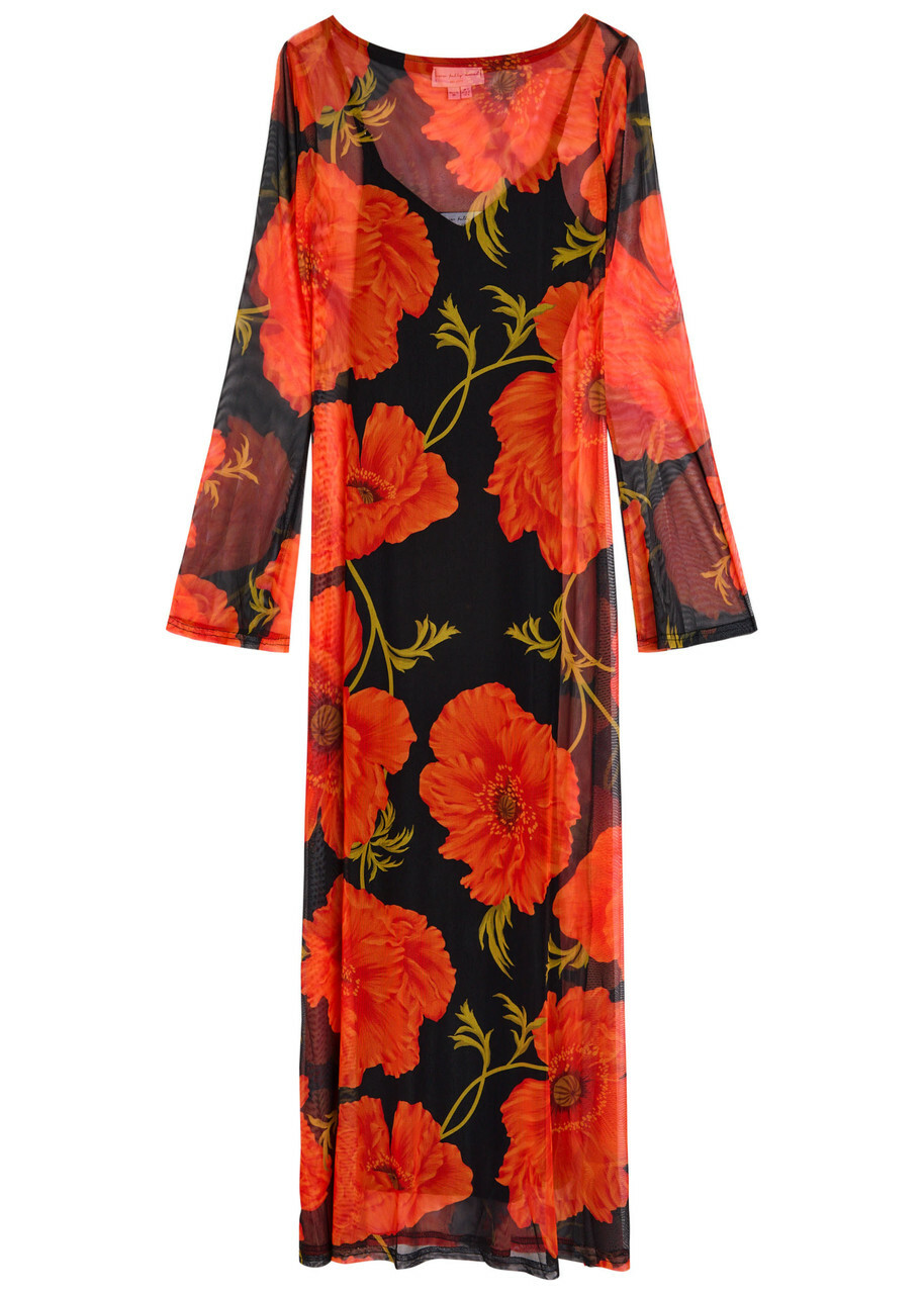 Never Fully Dressed Floral-print Mesh Midi Dress Black Red