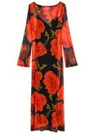 Never Fully Dressed Floral-print Mesh Midi Dress Black Red