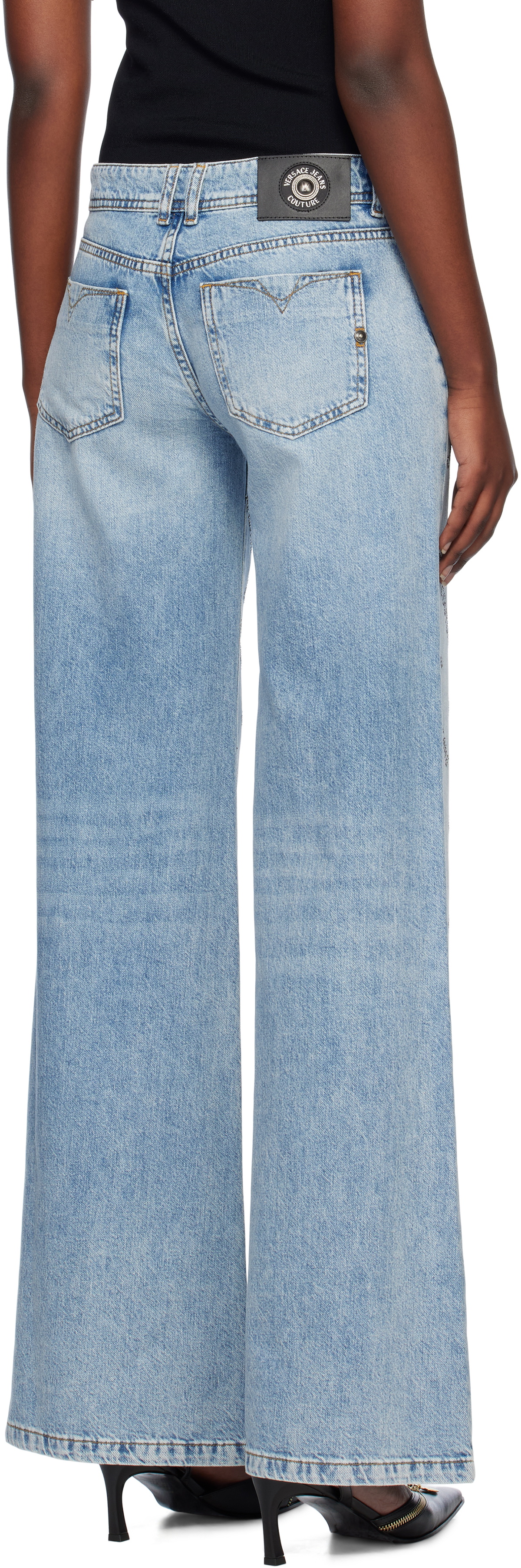 Versace Jeans Couture Blue Crystal Logo Flared Jeans Versace