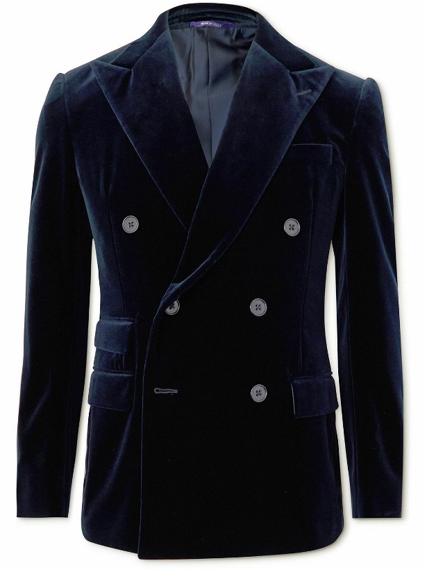 Photo: Ralph Lauren Purple label - Kent Slim-Fit Double-Breasted Cotton-Velvet Suit Jacket - Blue